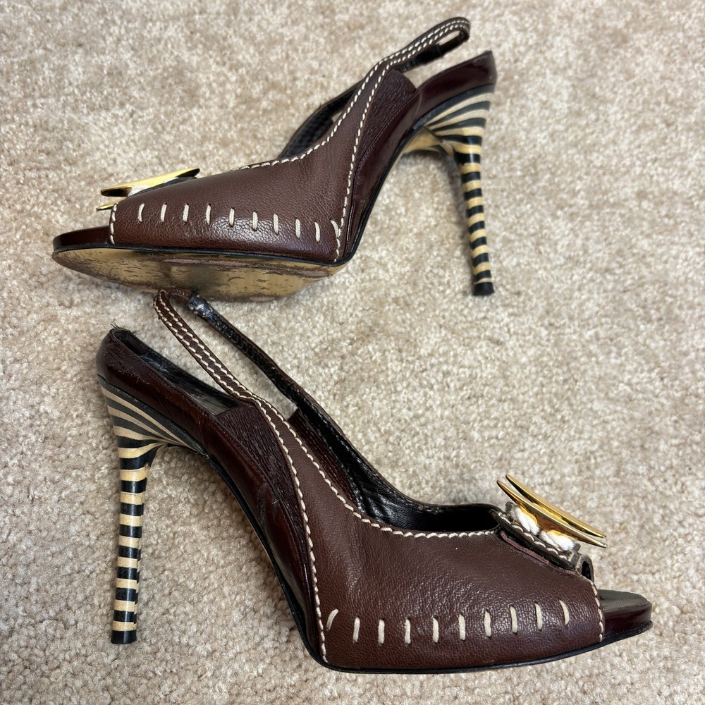 Zac Posen Brown Leather Peep Toe Slingback Y2K Striped Heels Size 7 - Picture 6 of 13